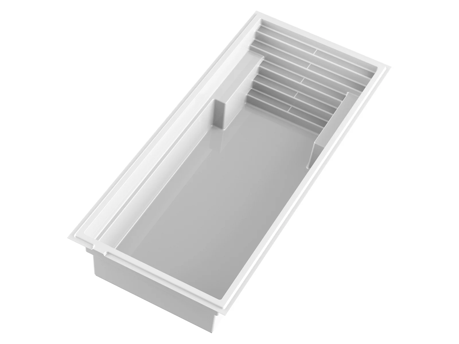Piscine creusée en fibre de verre Mova, modèle 12x28, vue d’angle