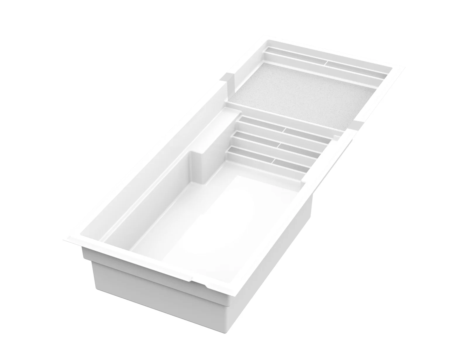Piscine creusée en fibre de verre Mova, modèle 12x30 - Avec terrasse, vue avec terrasse immergée