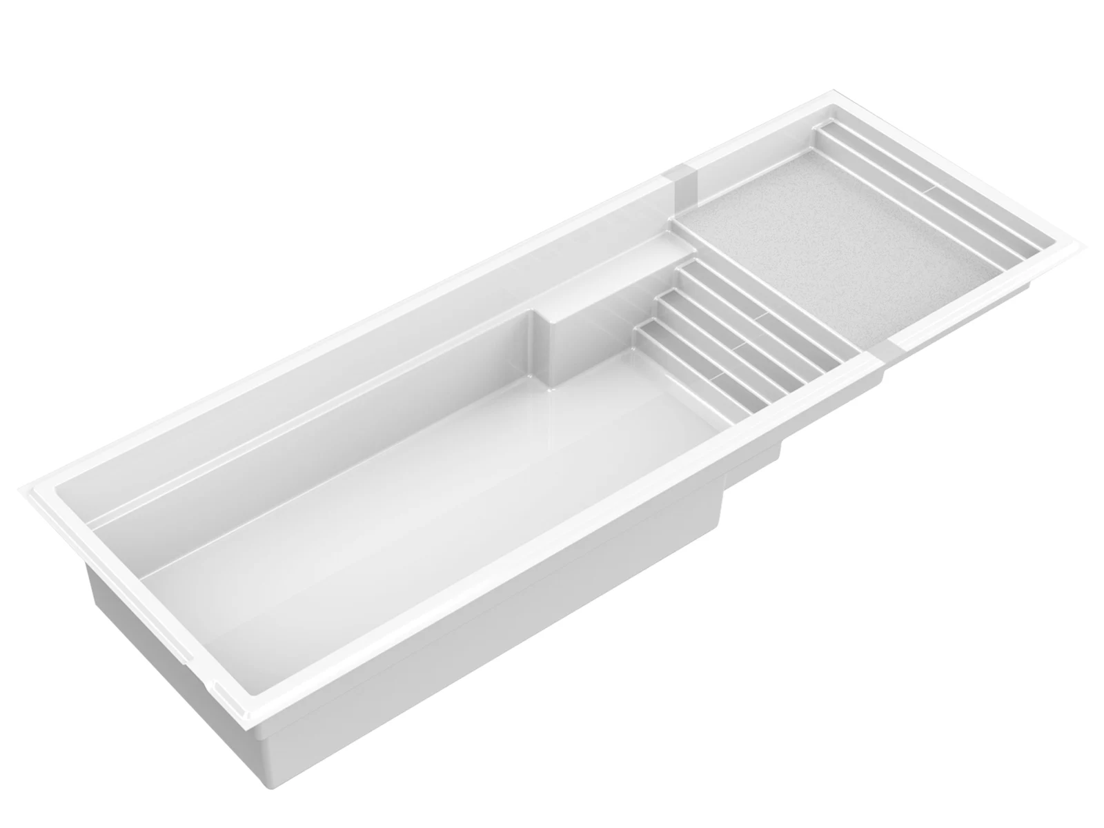Piscine creusée en fibre de verre Mova, modèle 12x34 - Avec terrasse, vue avec terrasse immergée