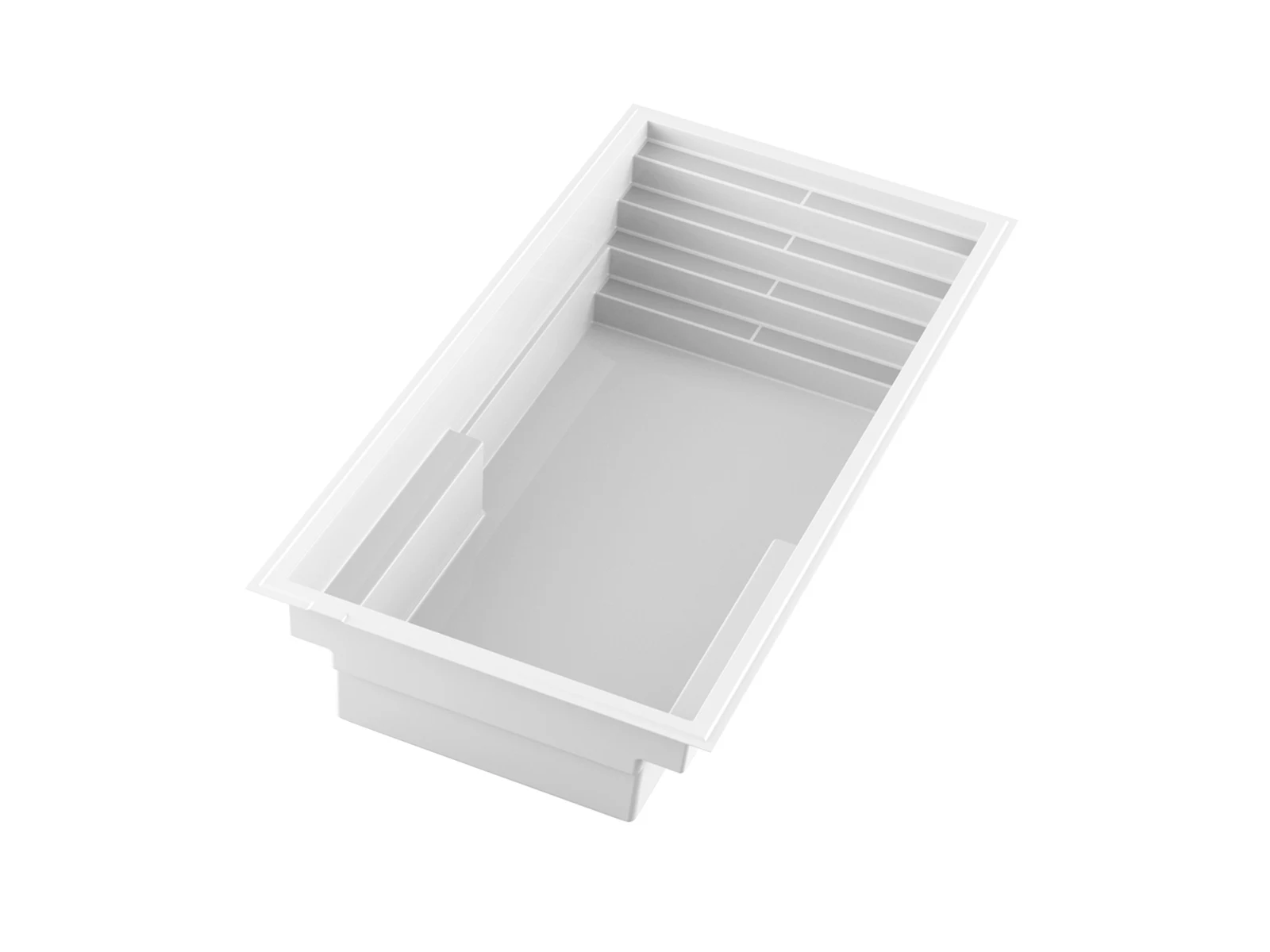 Piscine creusée en fibre de verre Mova, modèle 13x27, vue d’angle