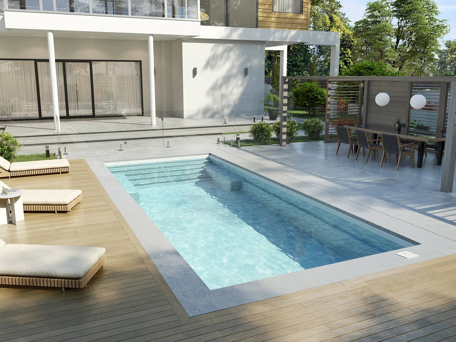 Piscine creusée en fibre de verre Mova, modèle 12x28, finition Diamant couleur Mova