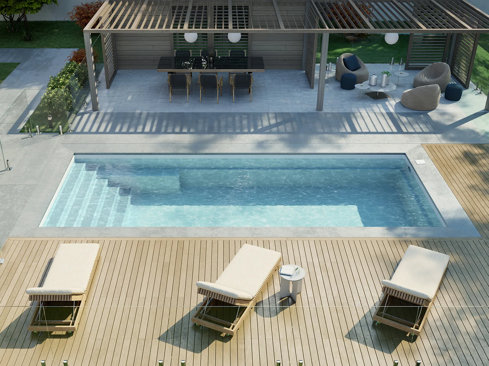 Piscine creusée en fibre de verre Mova, modèle 12x28, finition Diamant couleur Mova