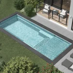Piscine creusée en fibre de verre Mova, modèle 12x30 - Avec terrasse, finition Diamant couleur Mova