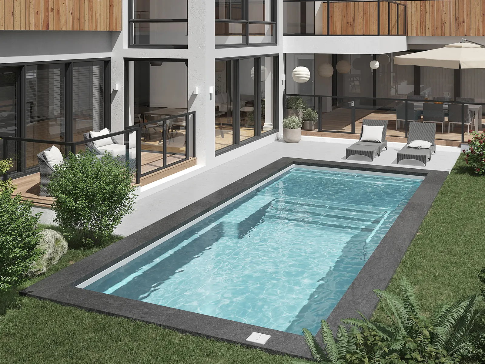 Piscine creusée en fibre de verre Mova, modèle 12x30 - Avec terrasse, finition Diamant couleur Mova