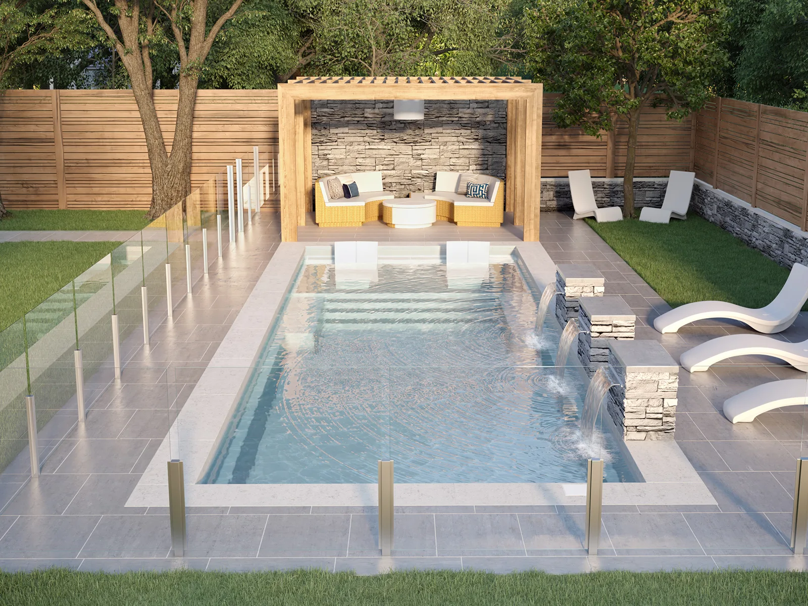 Piscine creusée en fibre de verre Mova, modèle 12x34 - Avec terrasse, finition Diamant couleur Mova