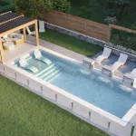 Piscine creusée en fibre de verre Mova, modèle 12x34 - Avec terrasse, finition Diamant couleur Mova