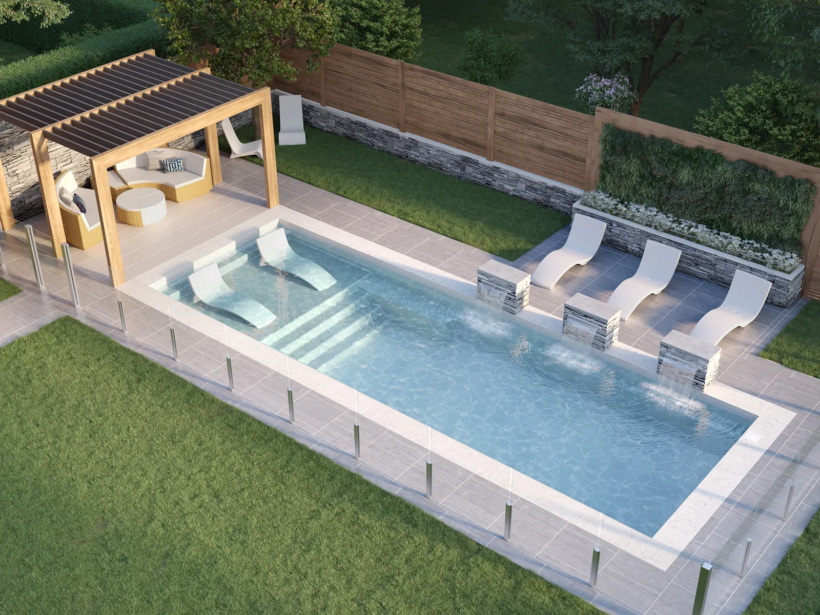 Piscine creusée en fibre de verre Mova, modèle 12x34 - Avec terrasse, finition Diamant couleur Mova