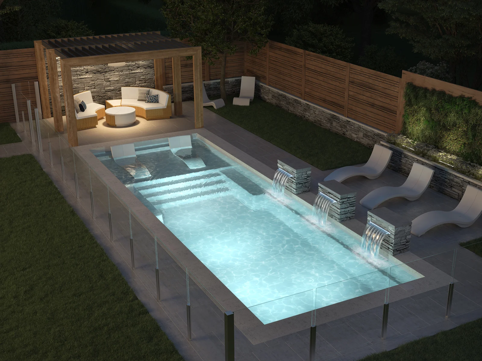 Piscine creusée en fibre de verre Mova, modèle 12x34 - Avec terrasse, finition Diamant couleur Mova, ambiance soirée éclairée