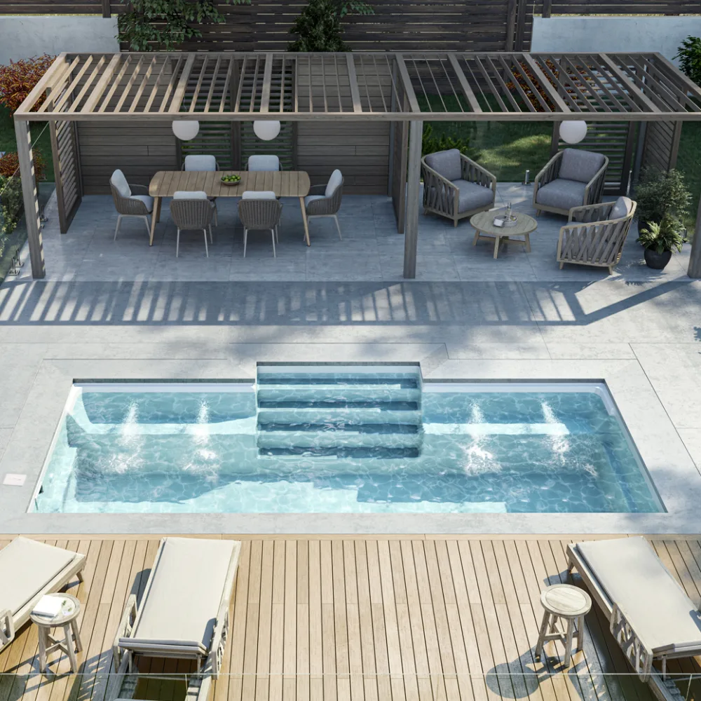 Piscine creusée en fibre de verre Mova, modèle Jets de massage, vue avec jets de massage