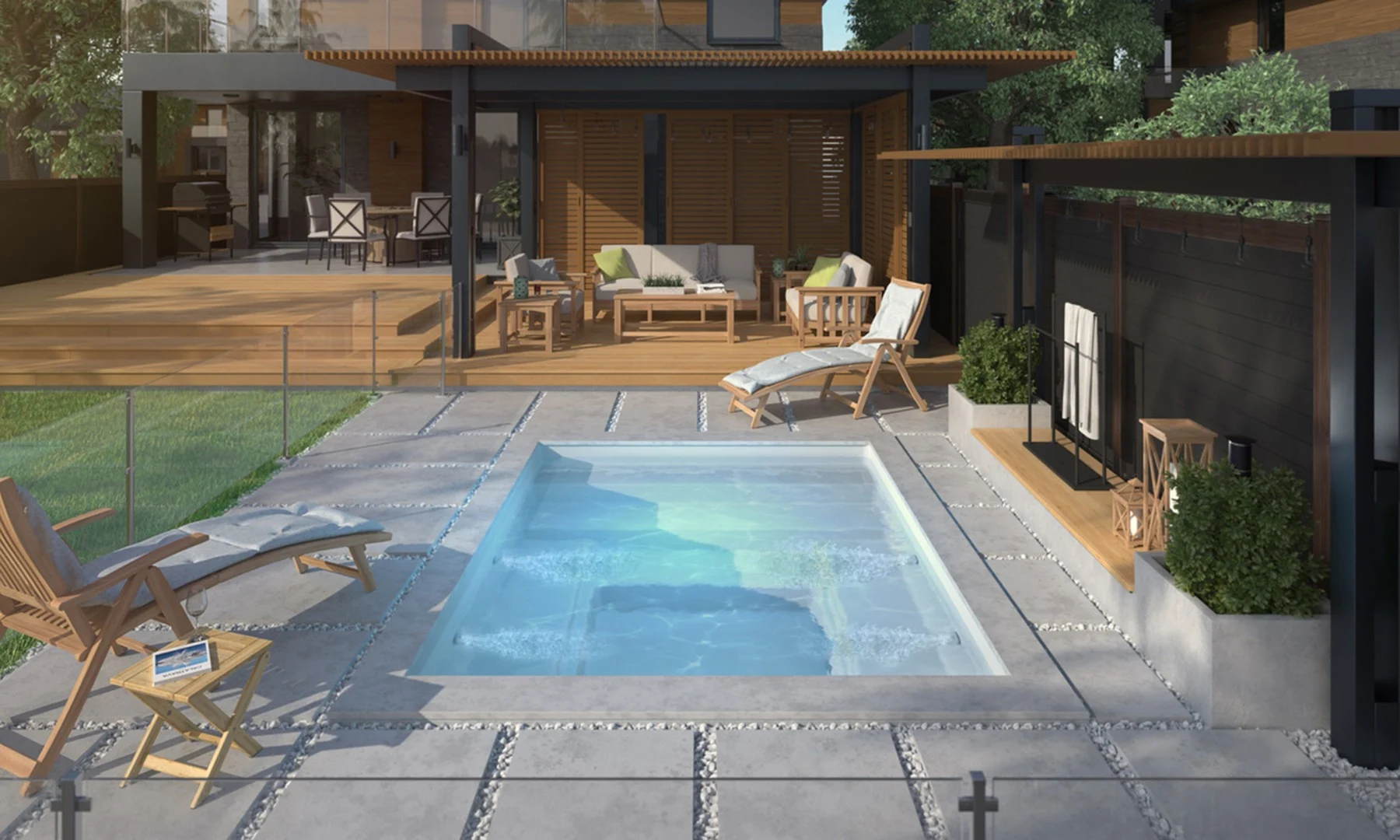 Piscine creusée en fibre de verre Mova, modèle Jets de massage, vue avec jets de massage