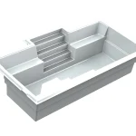 Piscine creusée en fibre de verre Mova, modèle 12x22, finition Diamant couleur Mova, vue d’angle