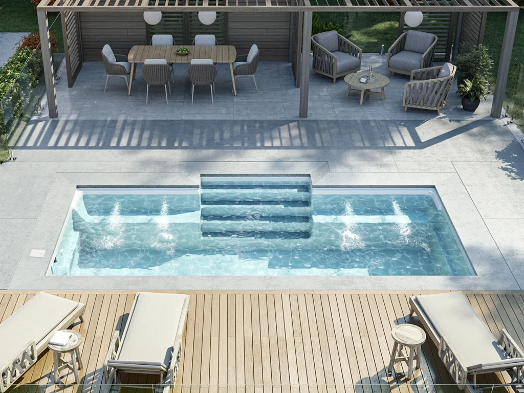 Piscine creusée en fibre de verre Mova, modèle 12x22, finition Diamant couleur Mova