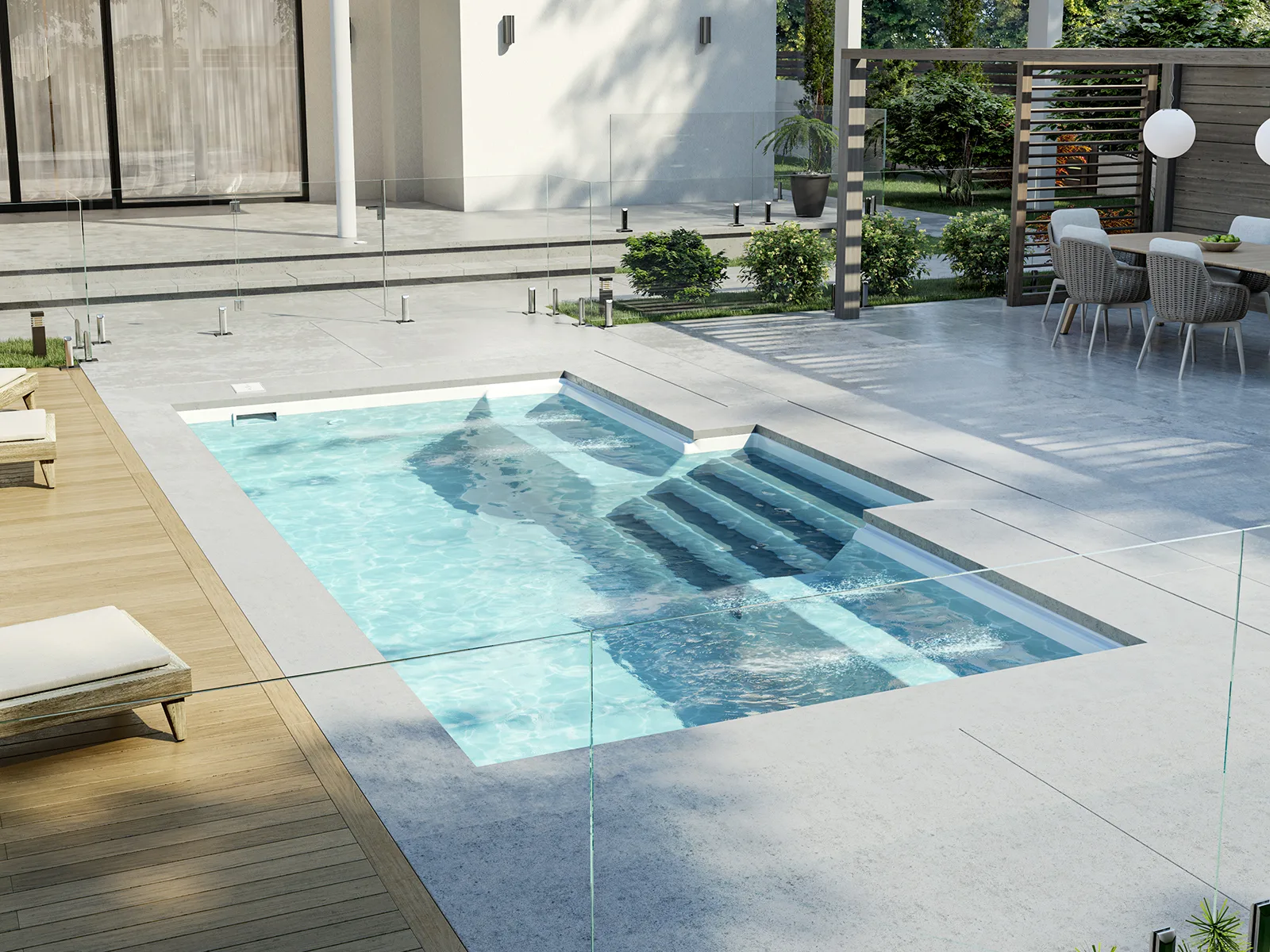 Piscine creusée en fibre de verre Mova, modèle 12x22, finition Diamant couleur Mova
