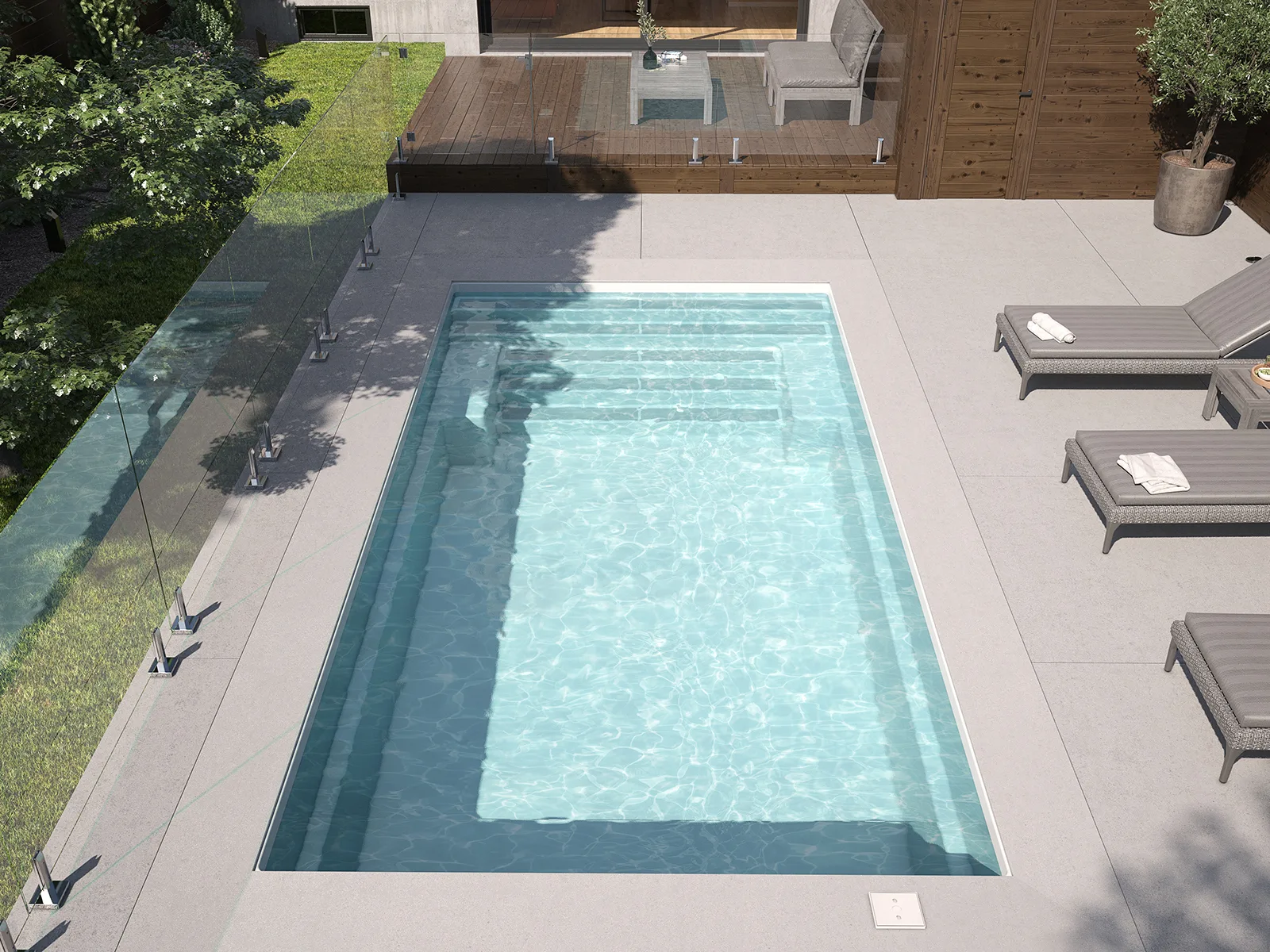 Piscine creusée en fibre de verre Mova, modèle 12x24 - Pente, finition Diamant couleur Mova, ambiance jour