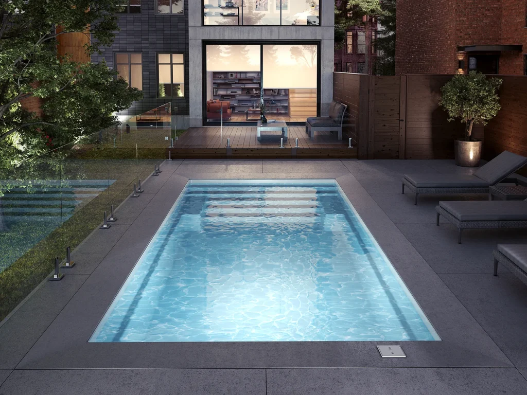 Piscine creusée en fibre de verre Mova, modèle 12x24 - Pente, finition Diamant couleur Mova