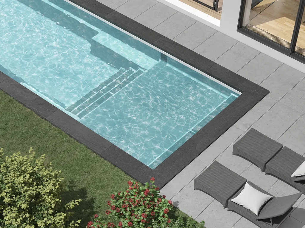Piscine creusée en fibre de verre Mova, modèle 12x25 - Avec terrasse, finition Diamant couleur Mova