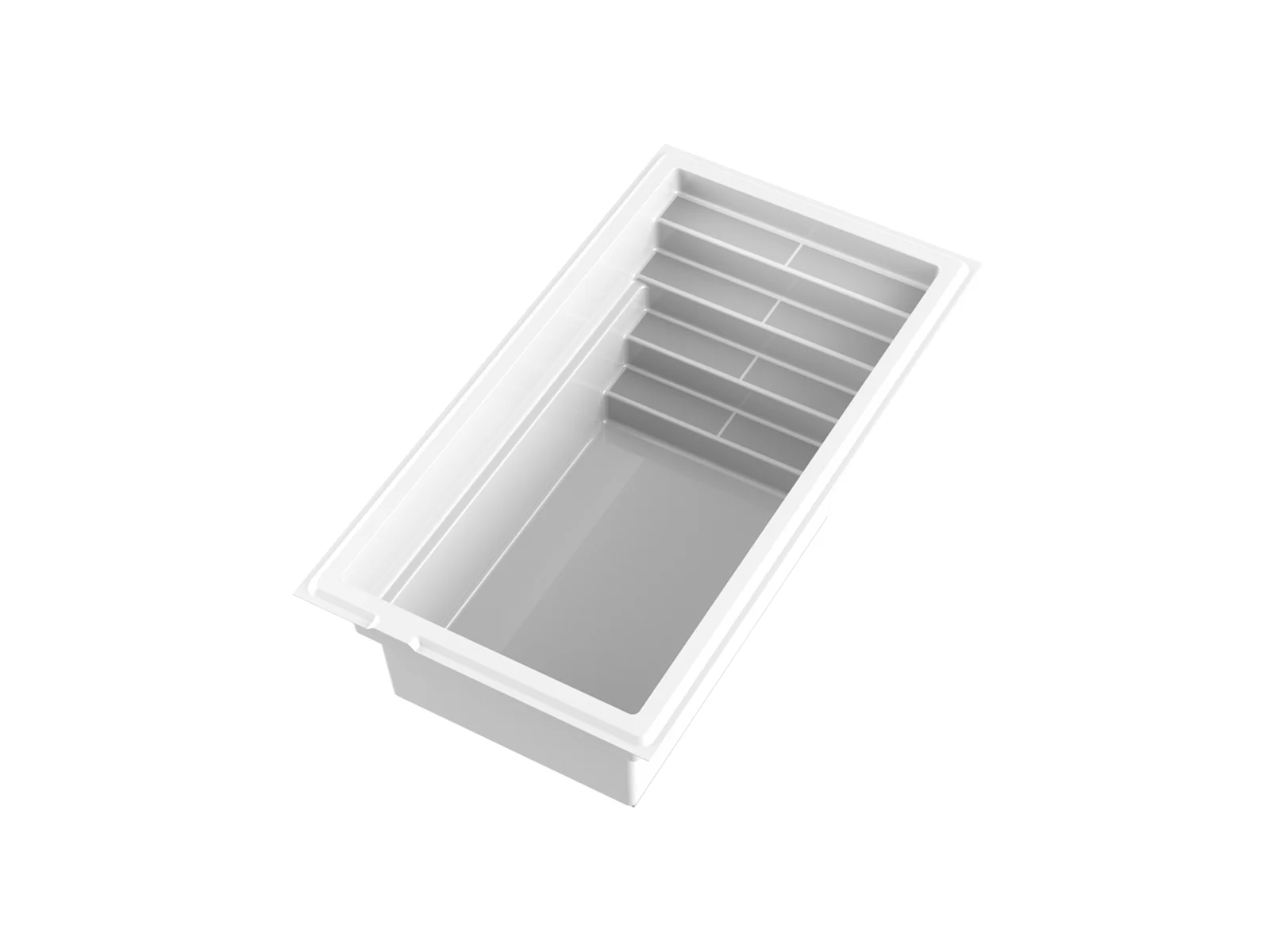 Piscine creusée en fibre de verre Mova, modèle 8x16, finition Diamant couleur Mova, vue d’angle