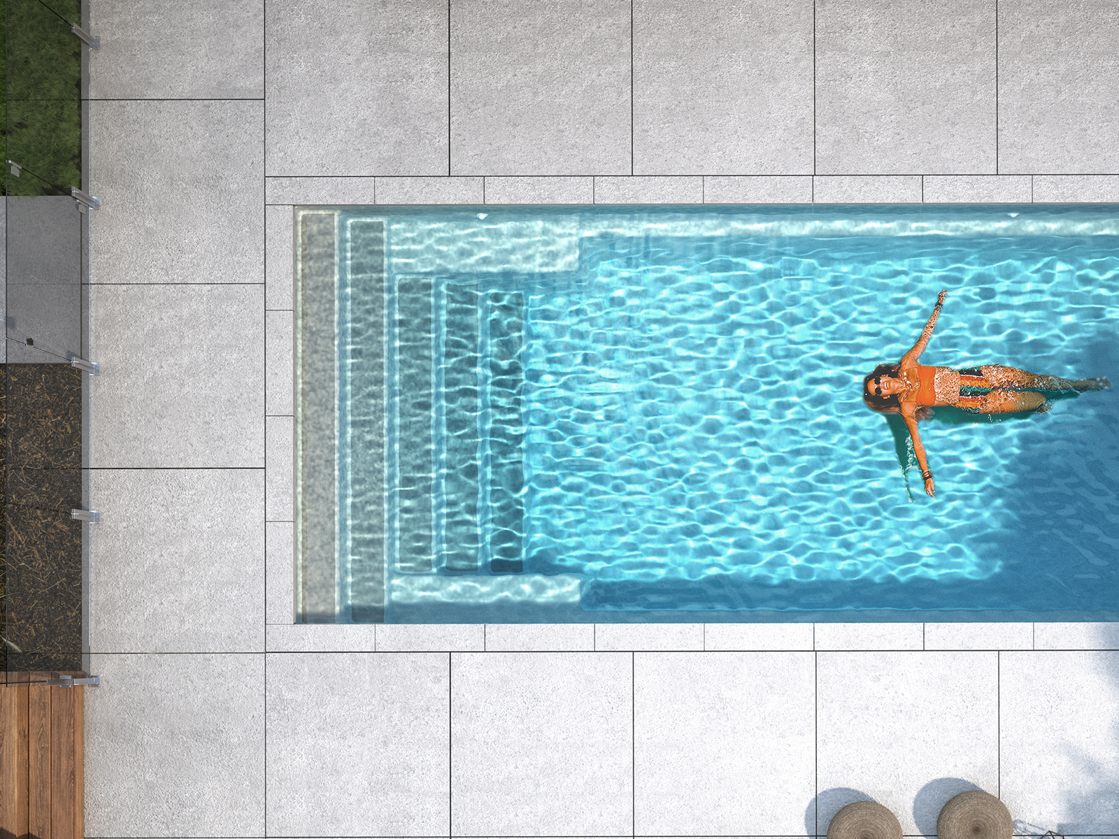 Piscine creusée en fibre de verre Mova, modèle 11x19, finition Diamant couleur Mova