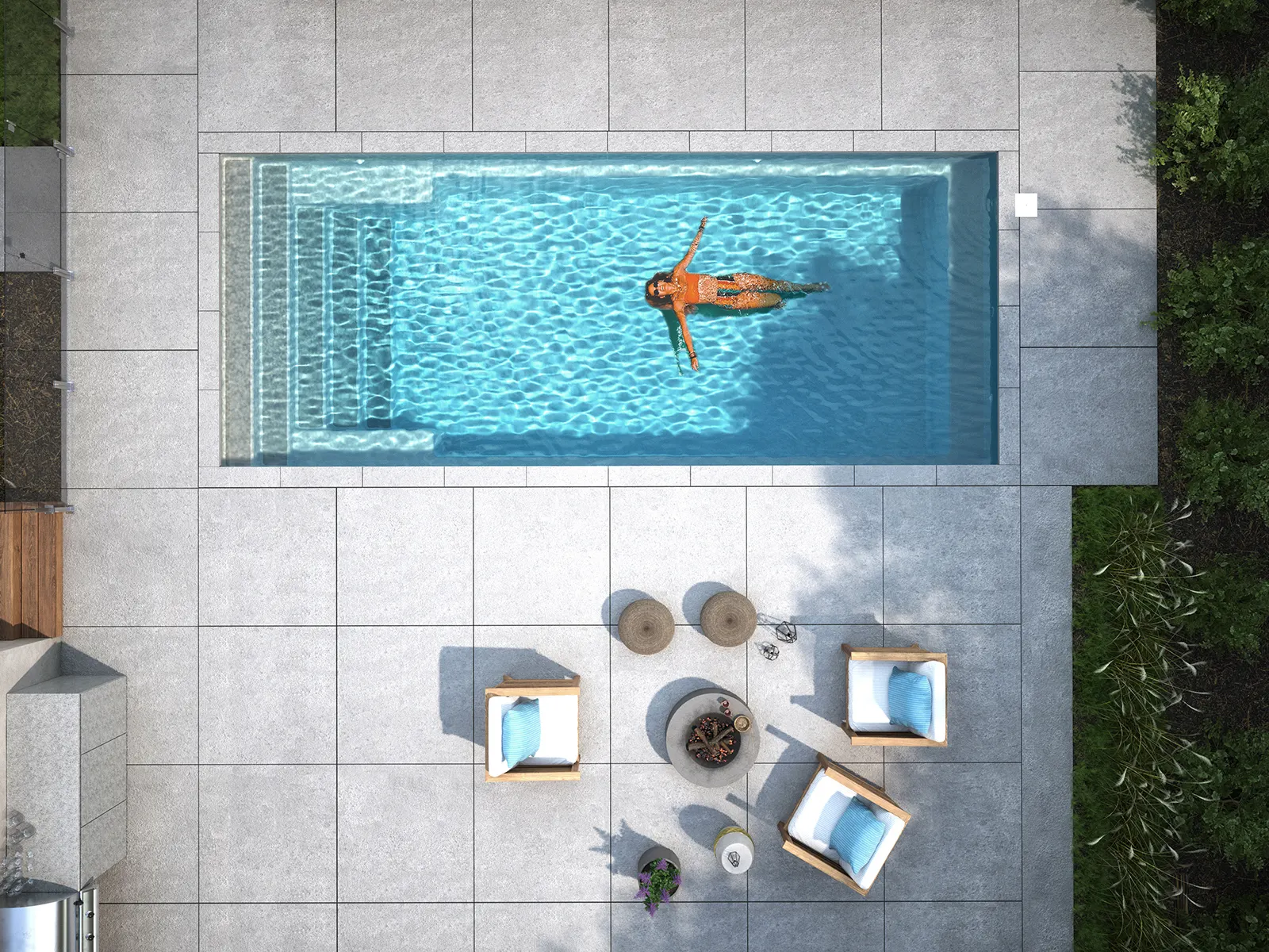 Piscine creusée en fibre de verre Mova, modèle 11x25, finition Diamant couleur Mova