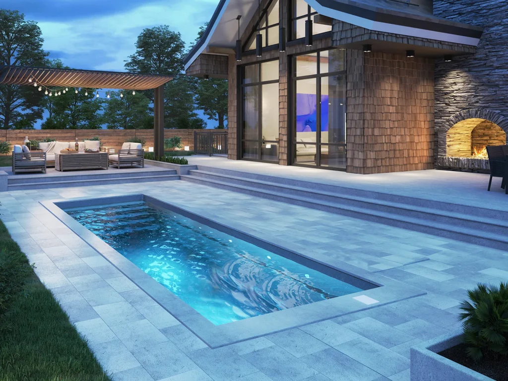 Piscine creusée en fibre de verre Mova, modèle 9x24, finition Diamant couleur Mova