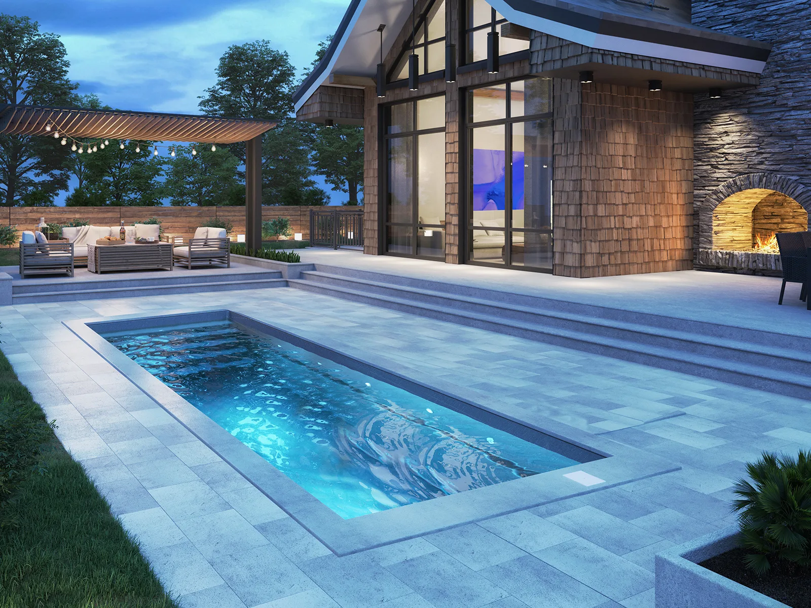 Piscine creusée en fibre de verre Mova, modèle 9x24, finition Diamant couleur Mova
