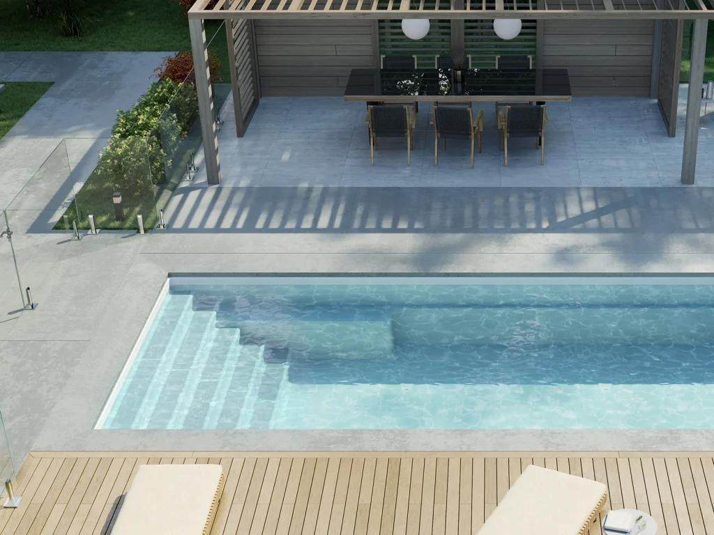 Piscine creusée en fibre de verre Mova, modèle 12x20, finition Diamant couleur Mova, ambiance jour