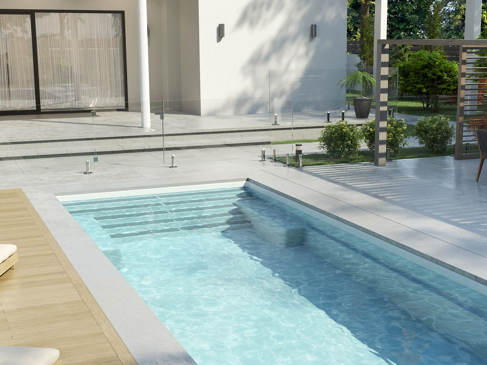 Piscine creusée en fibre de verre Mova, modèle 12x20, finition Diamant couleur Mova