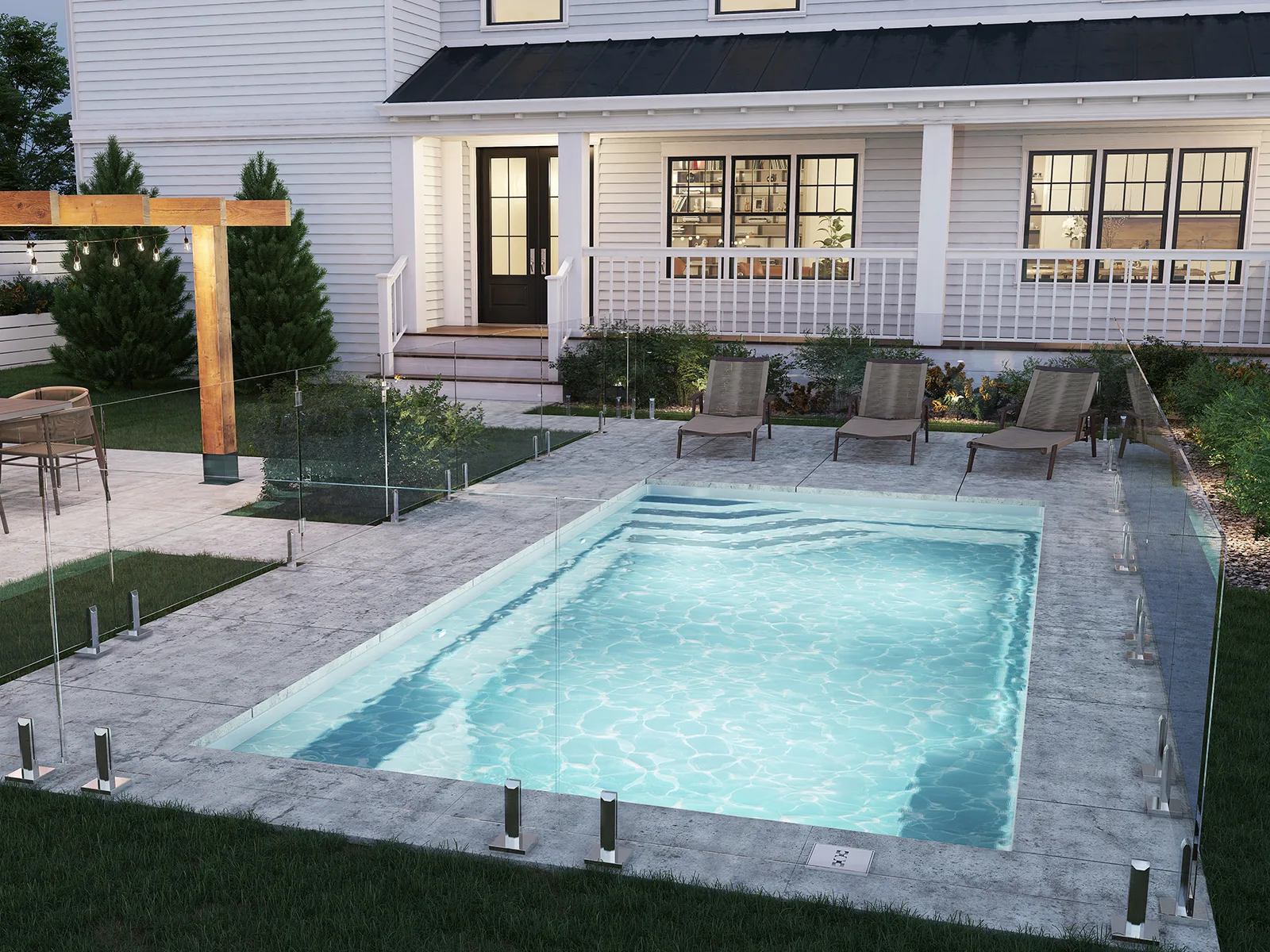 Piscine creusée en fibre de verre Mova, modèle 12x24 - Pente, finition Diamant couleur Mova, ambiance soirée éclairée